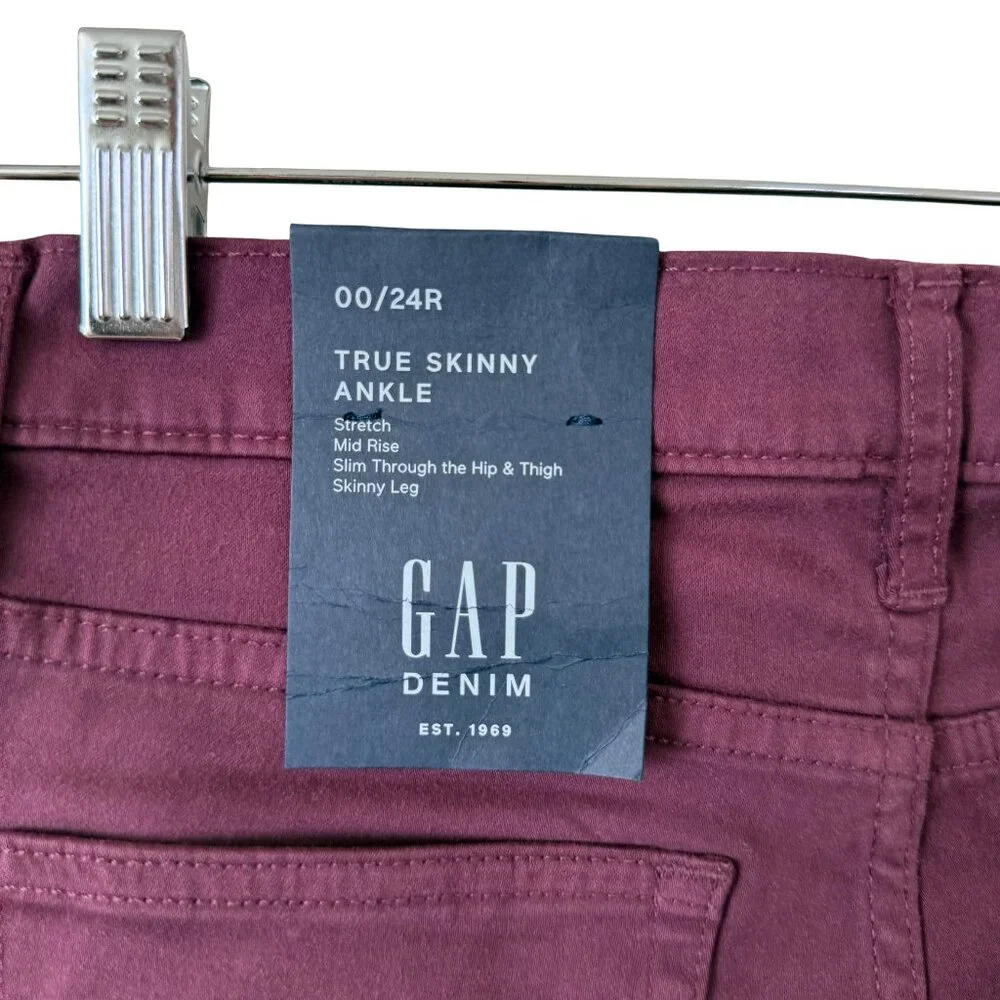 NEW Women's GAP Denim Mid-Rise True Skinny Ankle in Maroon/Eggplant - 00/24R - Picture 4 of 4